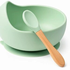 Mooues Silicone Mixing Bowl Baby Feeding Bowl with Spoon | Silicone Non-Slip Training Bowl | BPA Free. (Pack of 1, Green)