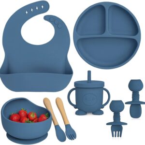 Mooues BPA Free Silicone Baby Feeding Set with Suction Plate, Bowl, Bib & Sippy Cup - Silicone (Blue)