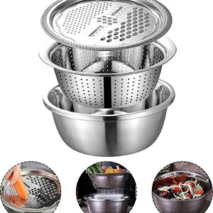 Mooues 3-in-1 Stainless Steel Grater, Drain Basket & Vegetable Cutter Set (26cm) Strainer (Silver Pack of 1)